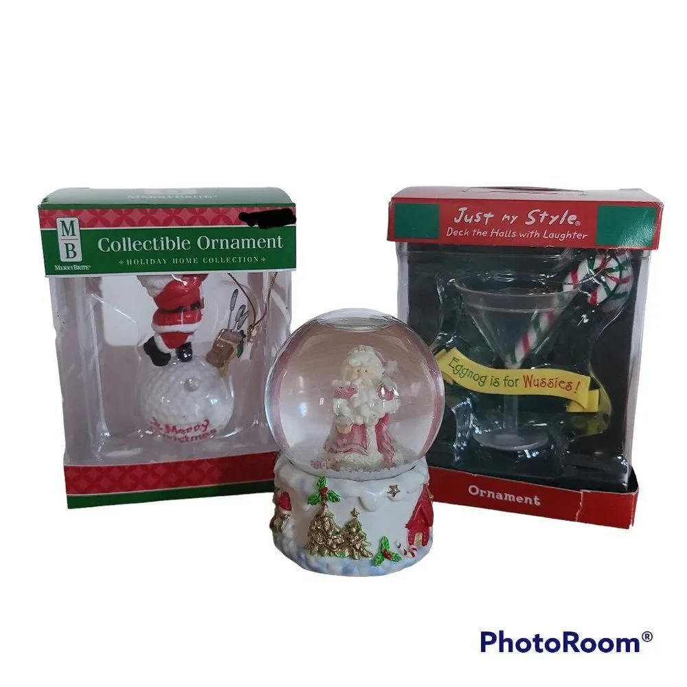 Vintage Christmas Tree Ornaments and Santa Snow Globe Décor Bundle Lot